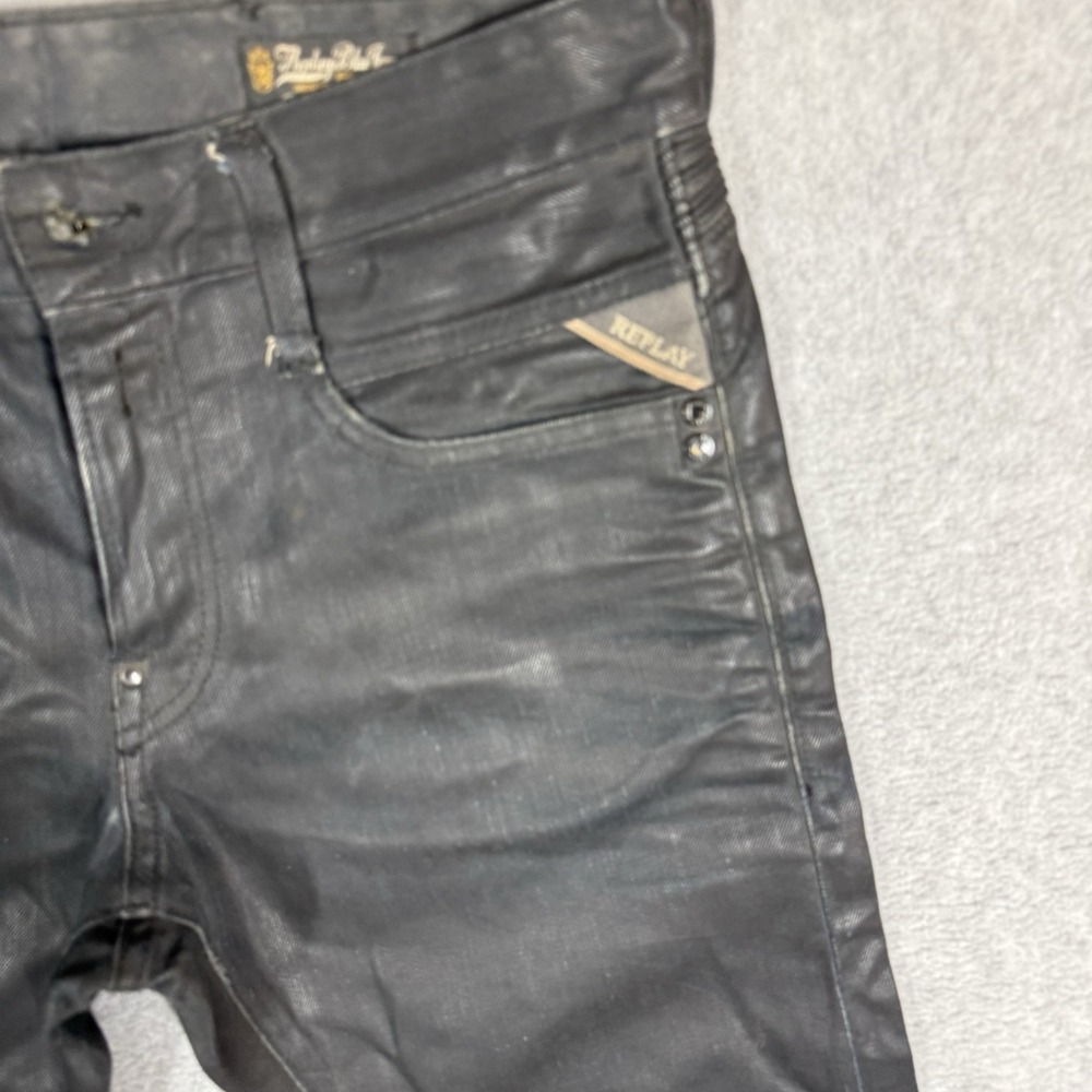 REPLAY Jeans Mens 29x34 Black WAXED Tunky Straight Leg Loose Fit Moto Biker EUC - Picture 3 of 15